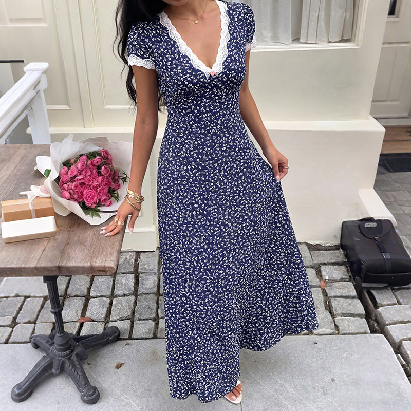 Floral Lace Maxi Dress Short Sleeve Cottagecore Midi