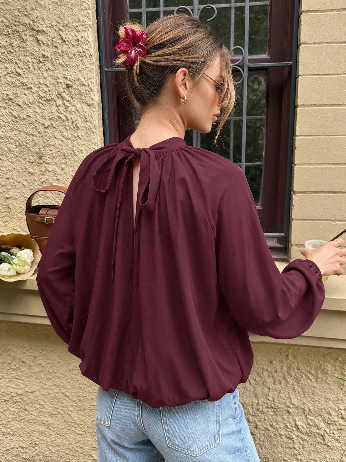Tie Neck Mock Neck Blouse Gathered Long Sleeve Top