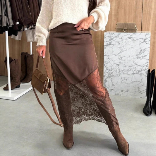 Women’s Satin Lace Patchwork High Waist Midi Skirt