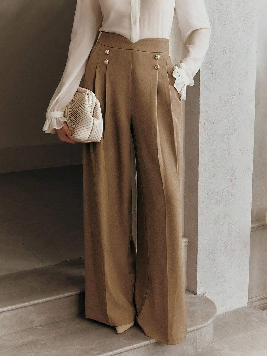 Women's High Waisted Wide Leg Work Pants Button Front