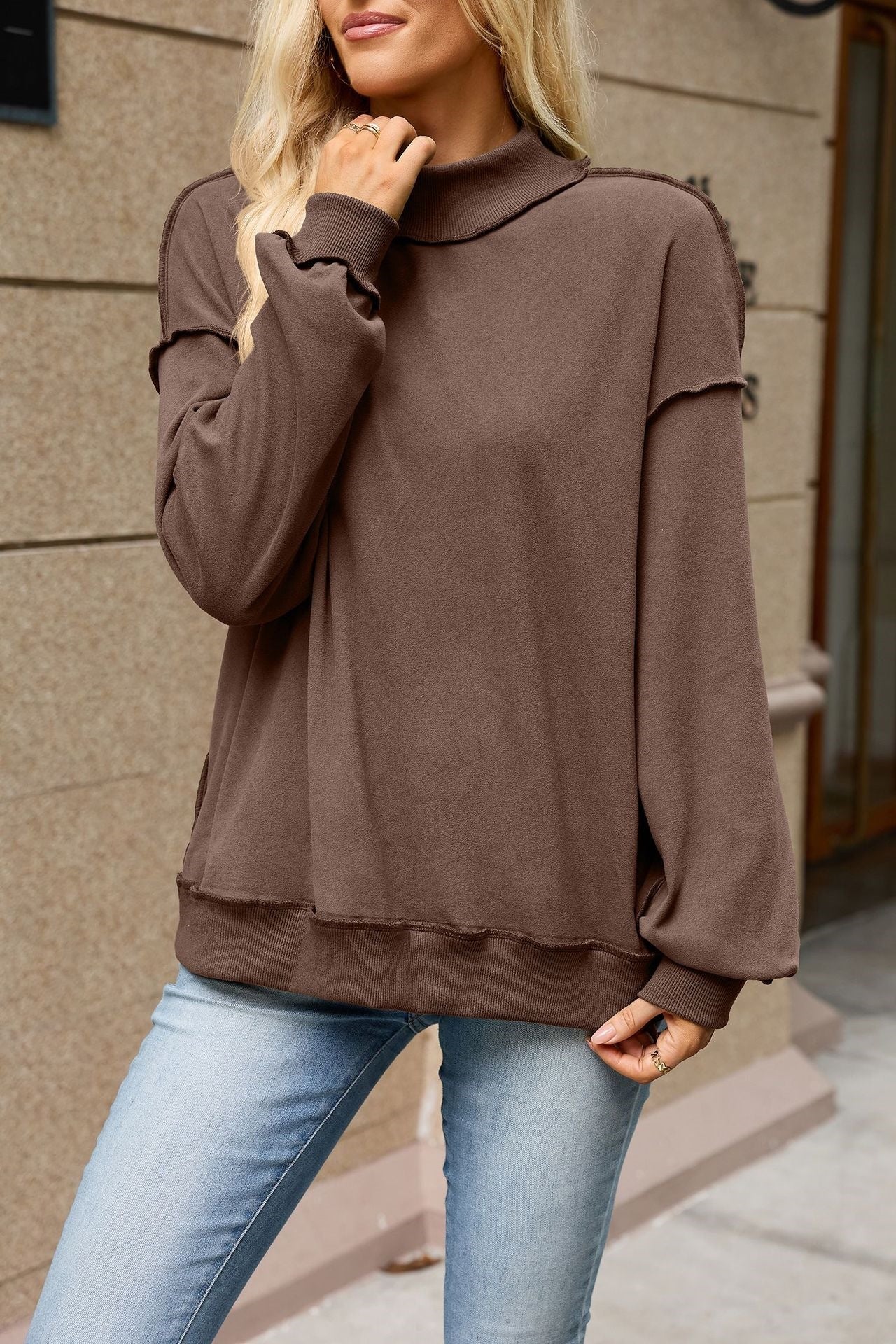 Mock Neck Exposed Seam Oversized Sweatshirt