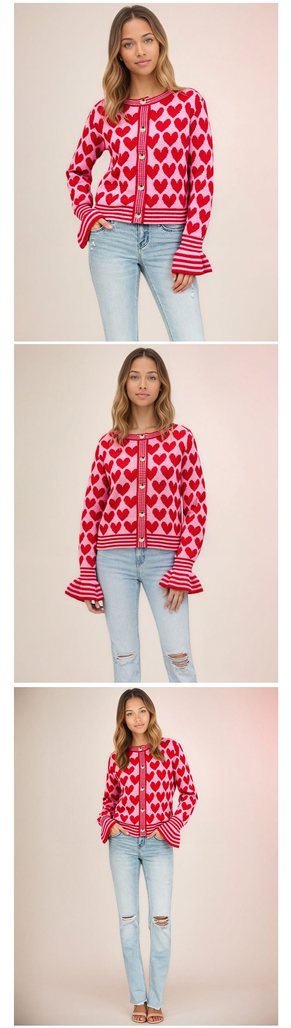 Colorblock Heart Print Bell Sleeve Knit Cardigan
