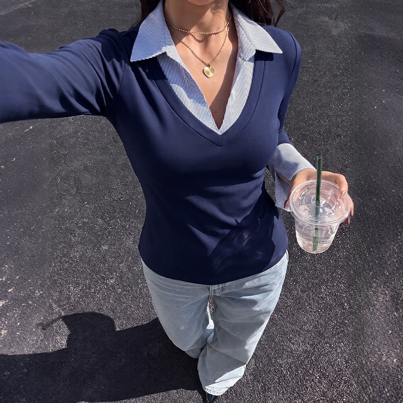 Contrast Collar V Neck Flare Sleeve Knit Top