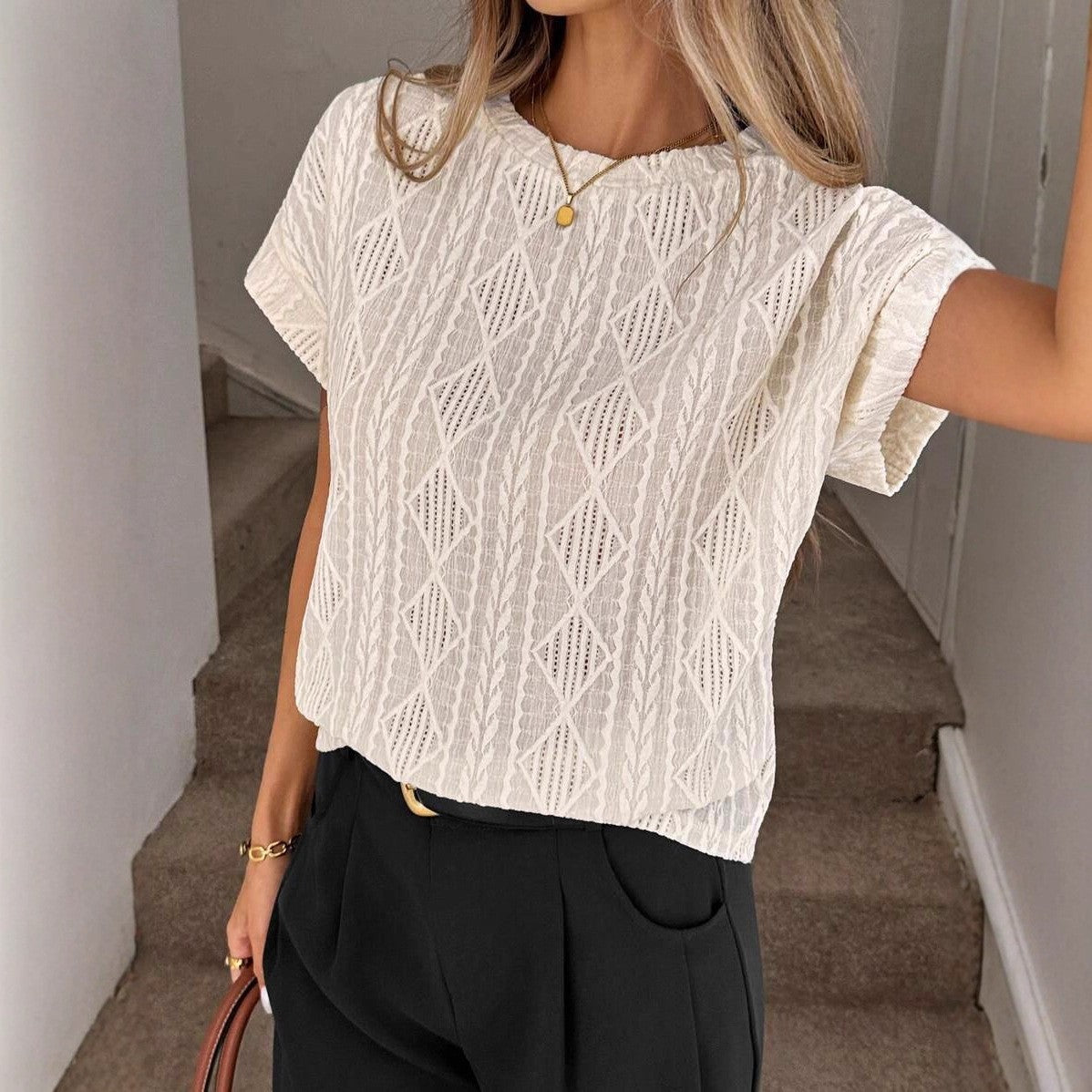 Textured Jacquard Knit Short Sleeve Crew Neck Top