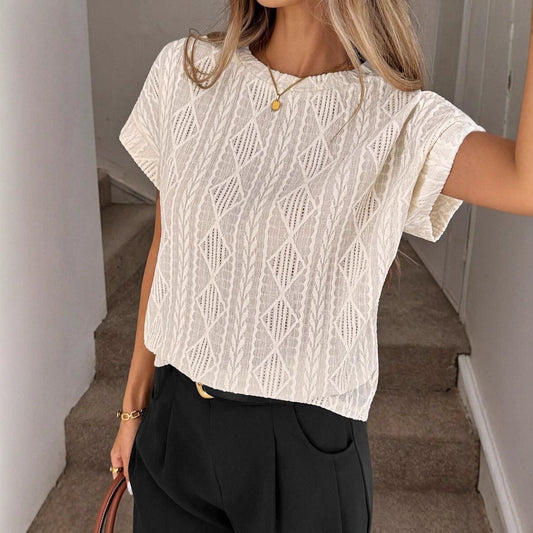 Textured Jacquard Knit Short Sleeve Crew Neck Top