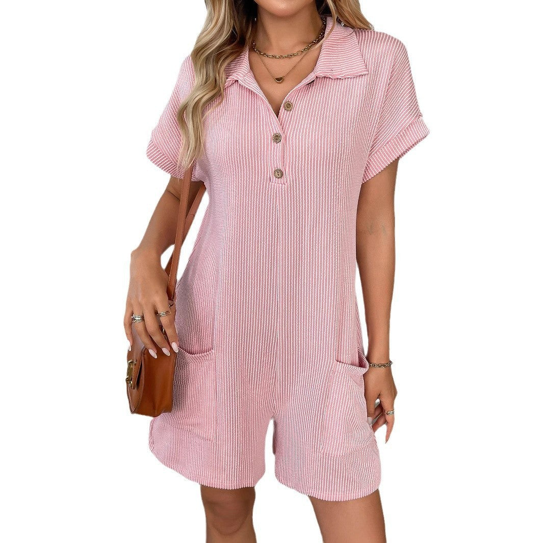 Ribbed Polo Collar Button Up Romper with Pockets
