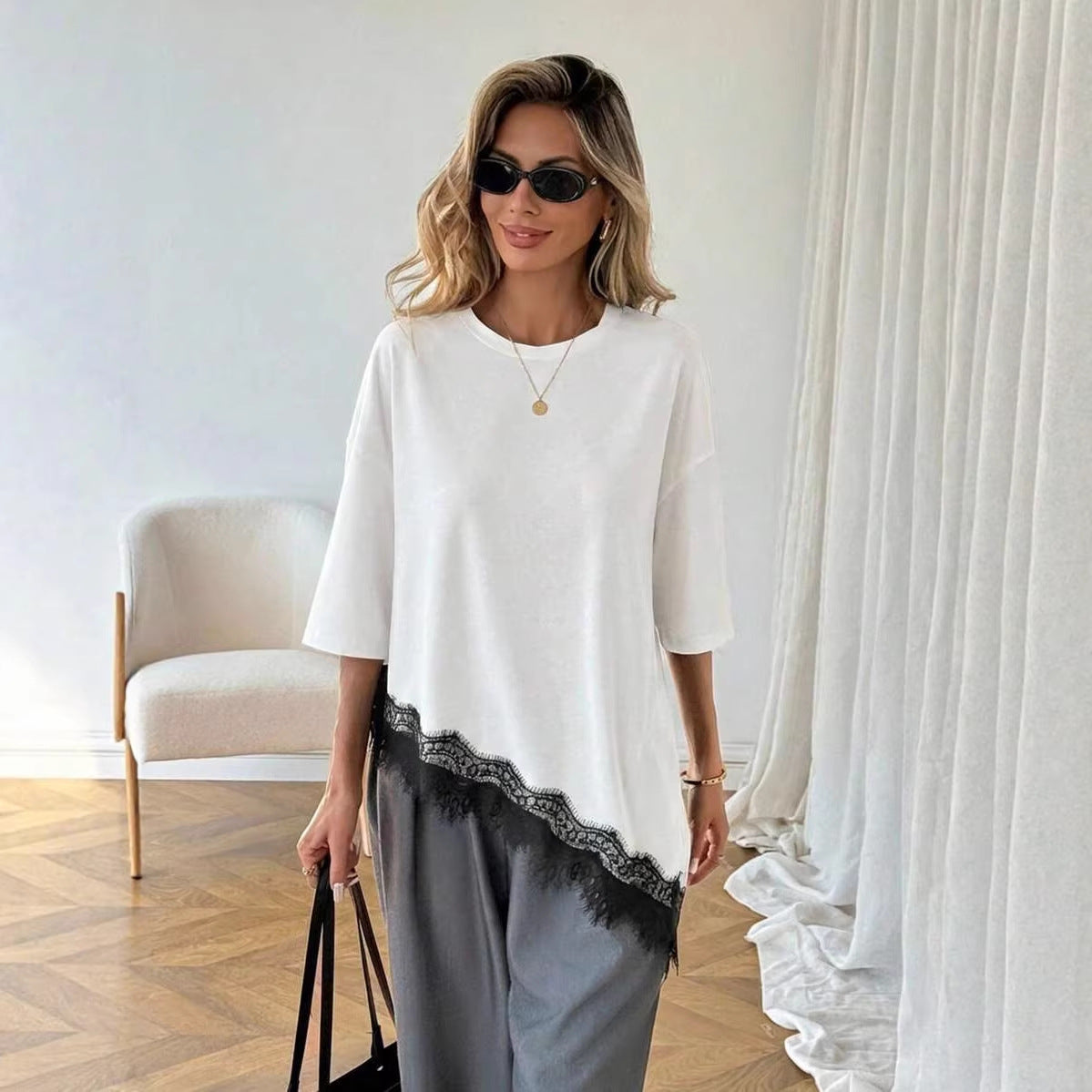 Leopard Print Top Lace Trim Loose Fit Short Sleeve T-Shirt