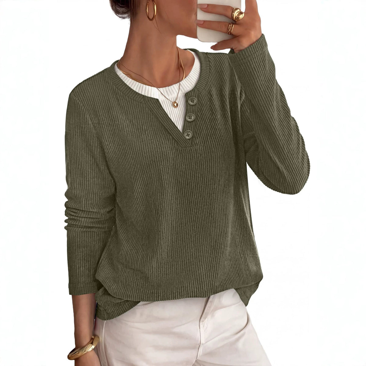 Women's Oversized Ribbed Henley Layered Long Sleeve Top