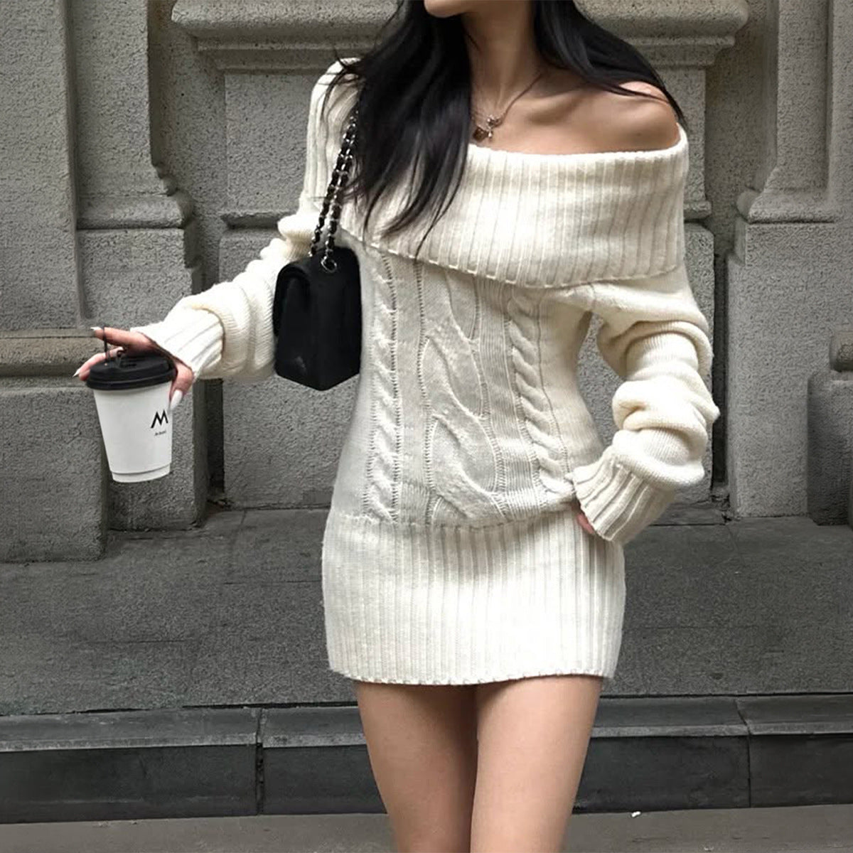 Off Shoulder Cable Knit Bodycon Sweater Dress