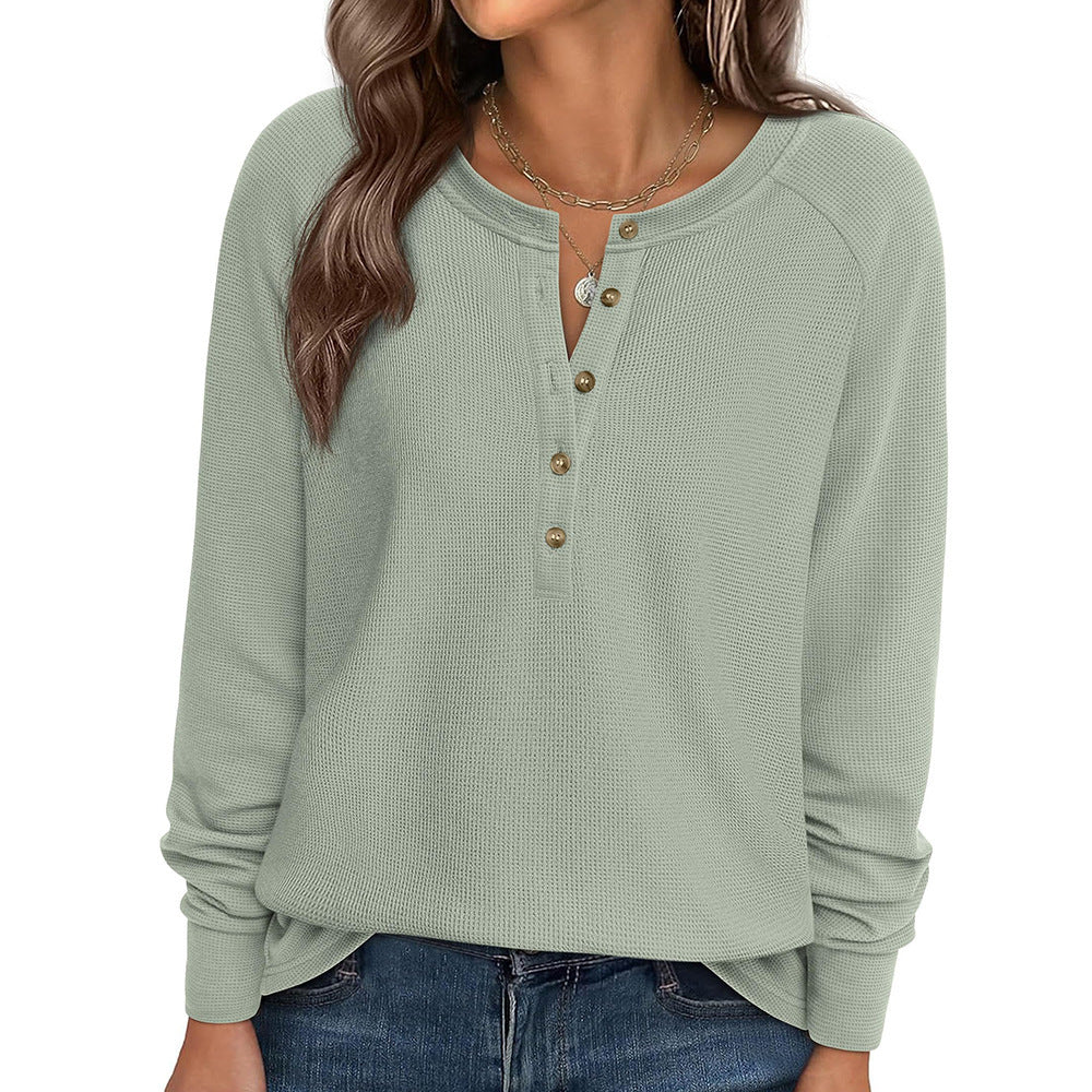 Henley Button Front Waffle Knit Long Sleeve Top