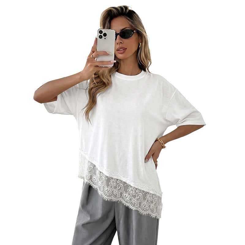 Women's White Lace Hem Loose Casual Short Sleeve Tee