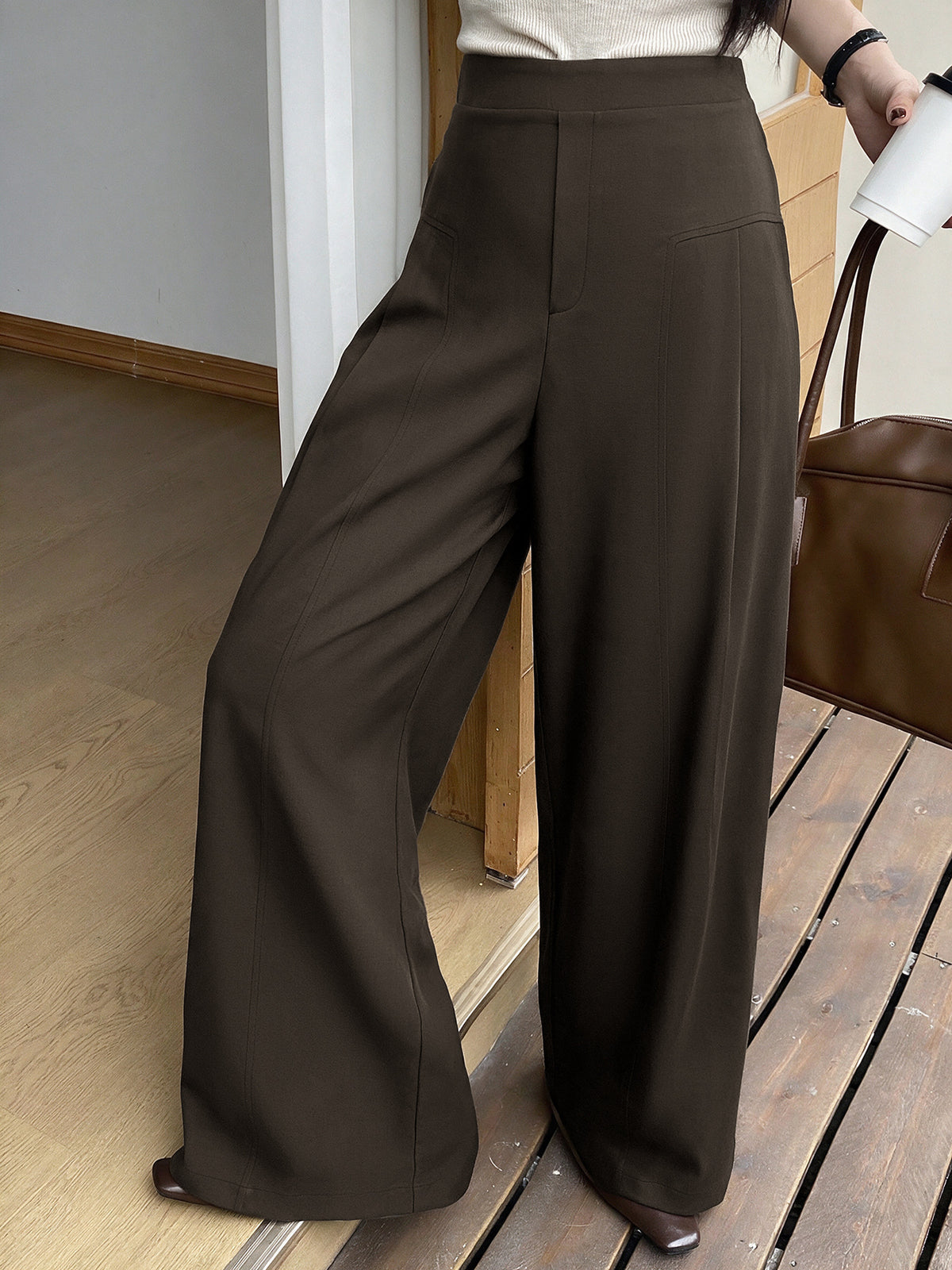 Women's High Waist Wide Leg Draped Pants Coffee Brown