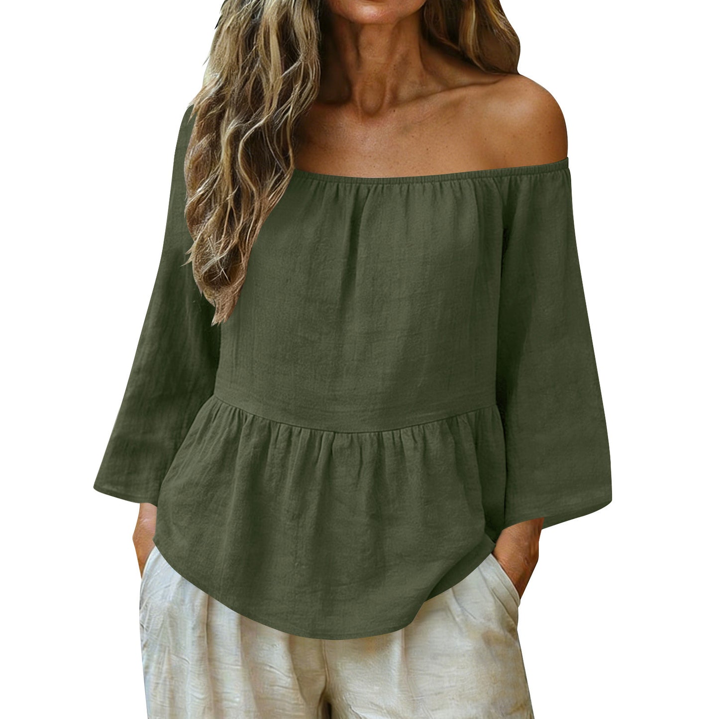Solid Linen Blend Blouse Boho Peplum Long Sleeve Top