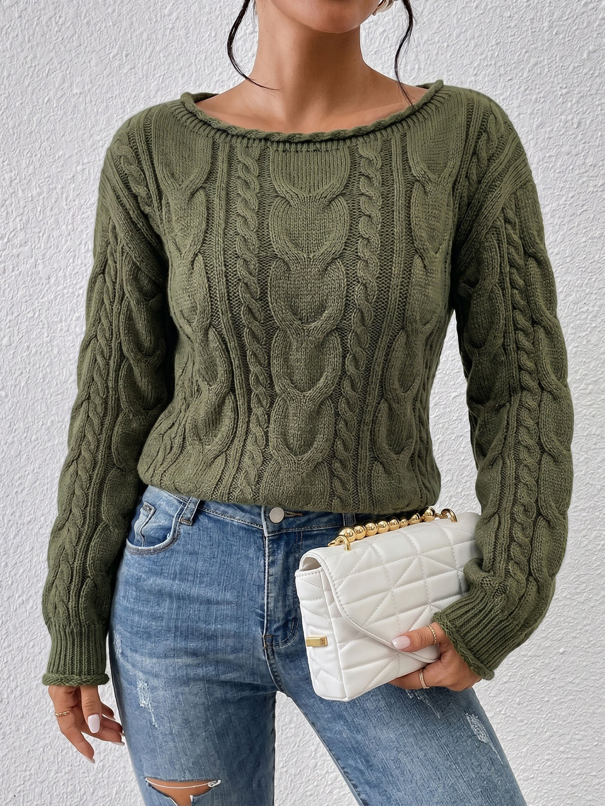 Women's Off Shoulder Cable Knit Oversized Pullover Sweater