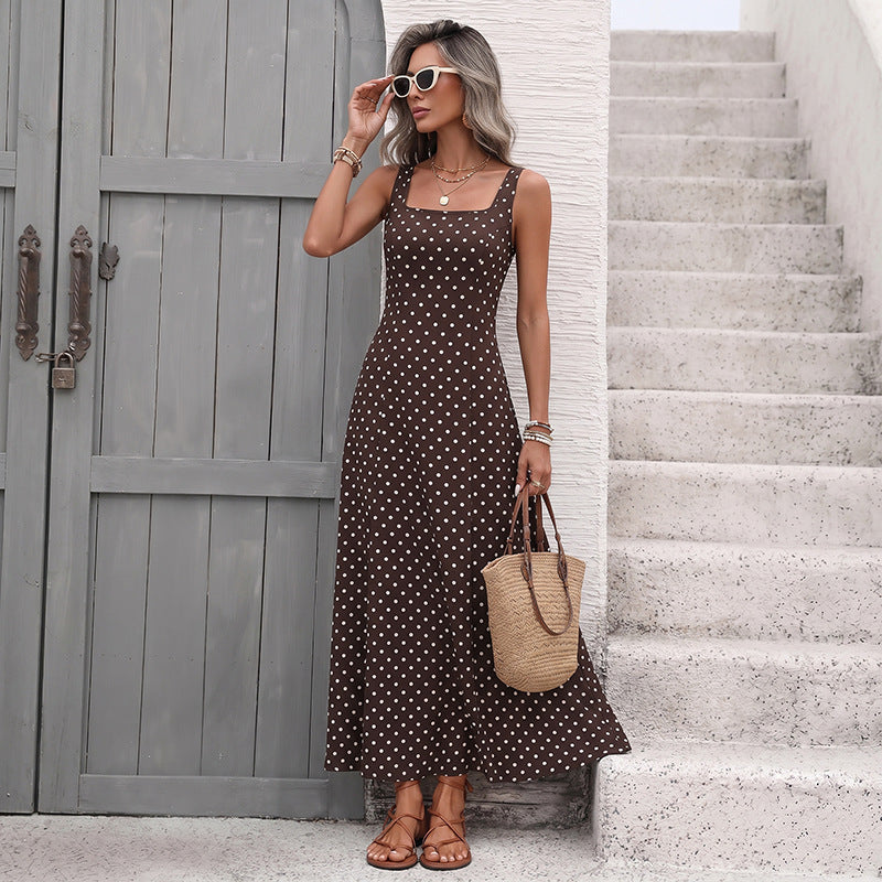 Polka Dot Chiffon Maxi Dress Resort Square Neck