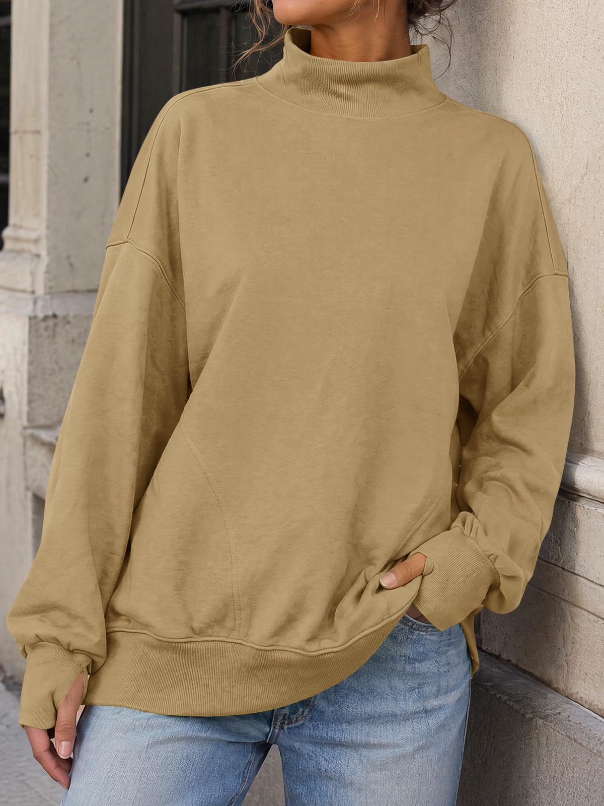 Mock Neck Oversized Womens Sweatshirt Solid Pullover Top