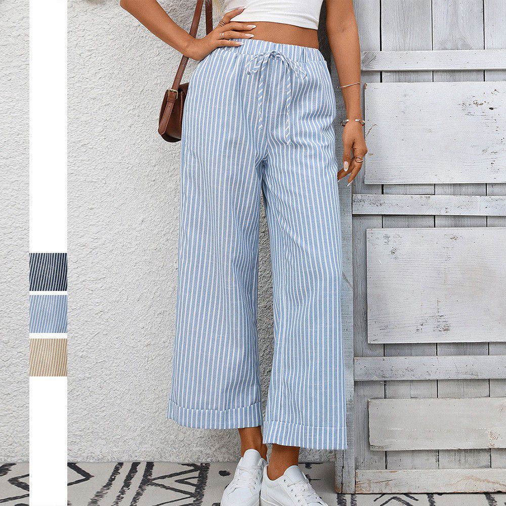 Striped High Waist Cropped Straight Leg Casual Pants