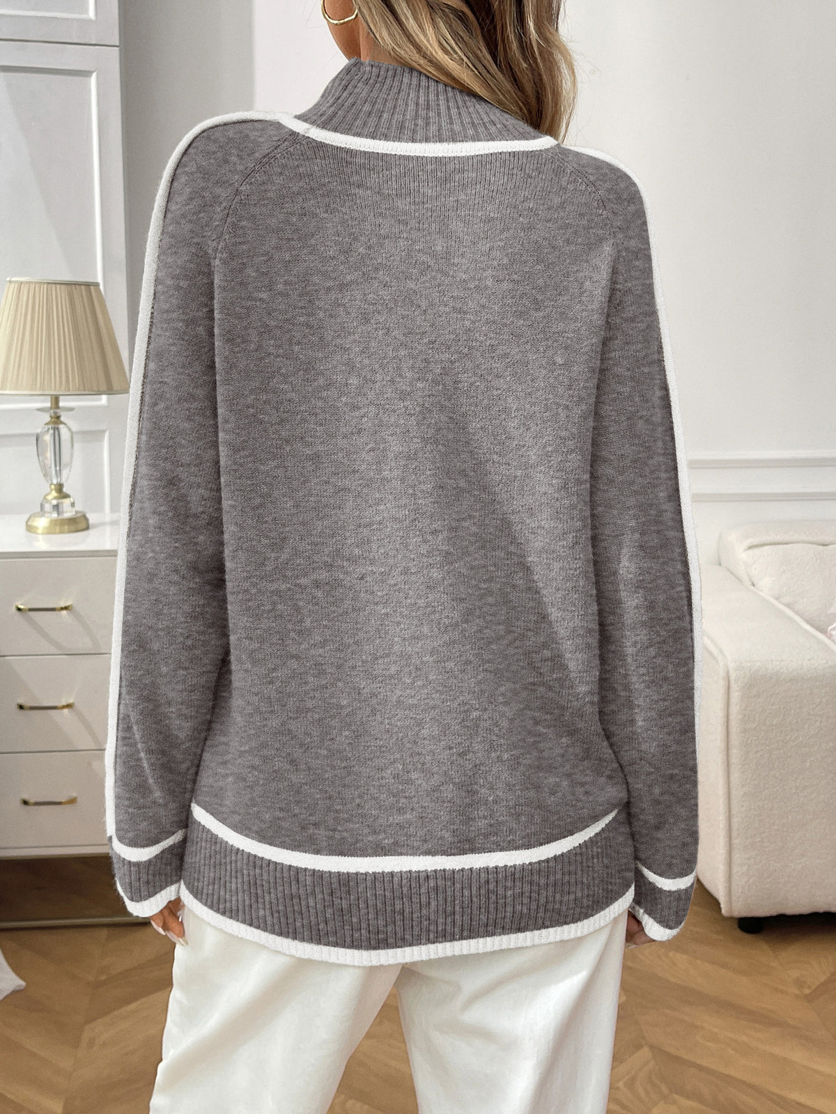 Women's Oversized Mock Neck Contrast Trim Sweater