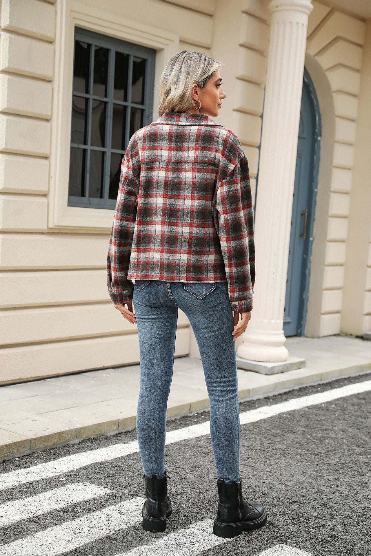 Long Sleeve Loose Pocket Plaid Top Wool Jacket