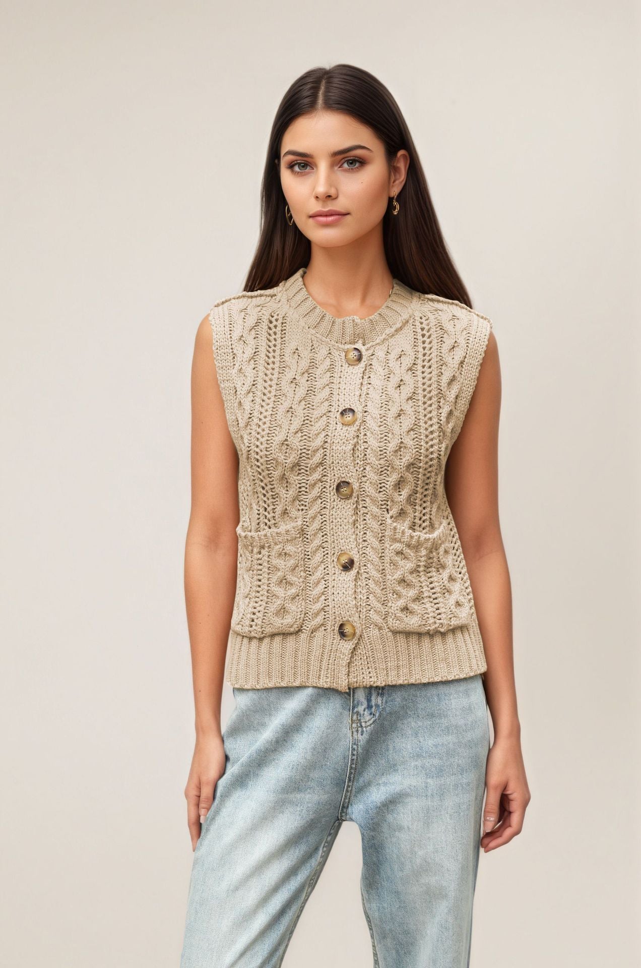 Pocket Knit Vest Sleeveless Cardigan Sweater Casual Layering