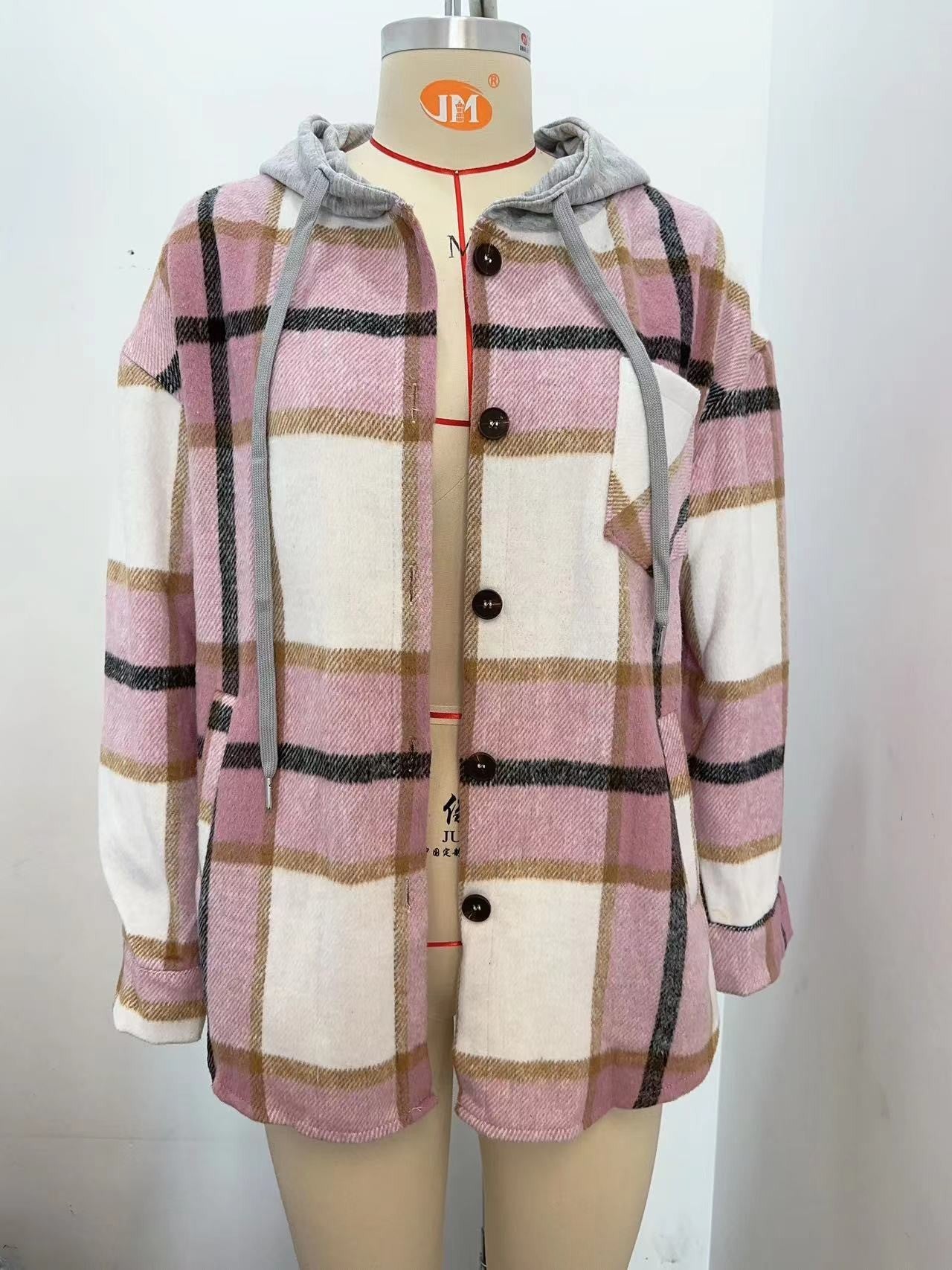 Plaid Hooded Button Down Jacket Long Sleeve Casual Shacket