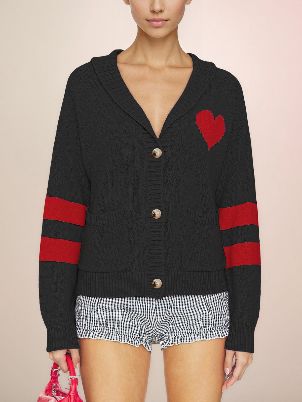 Womens Heart Patch Striped Cardigan Sweater V Neck