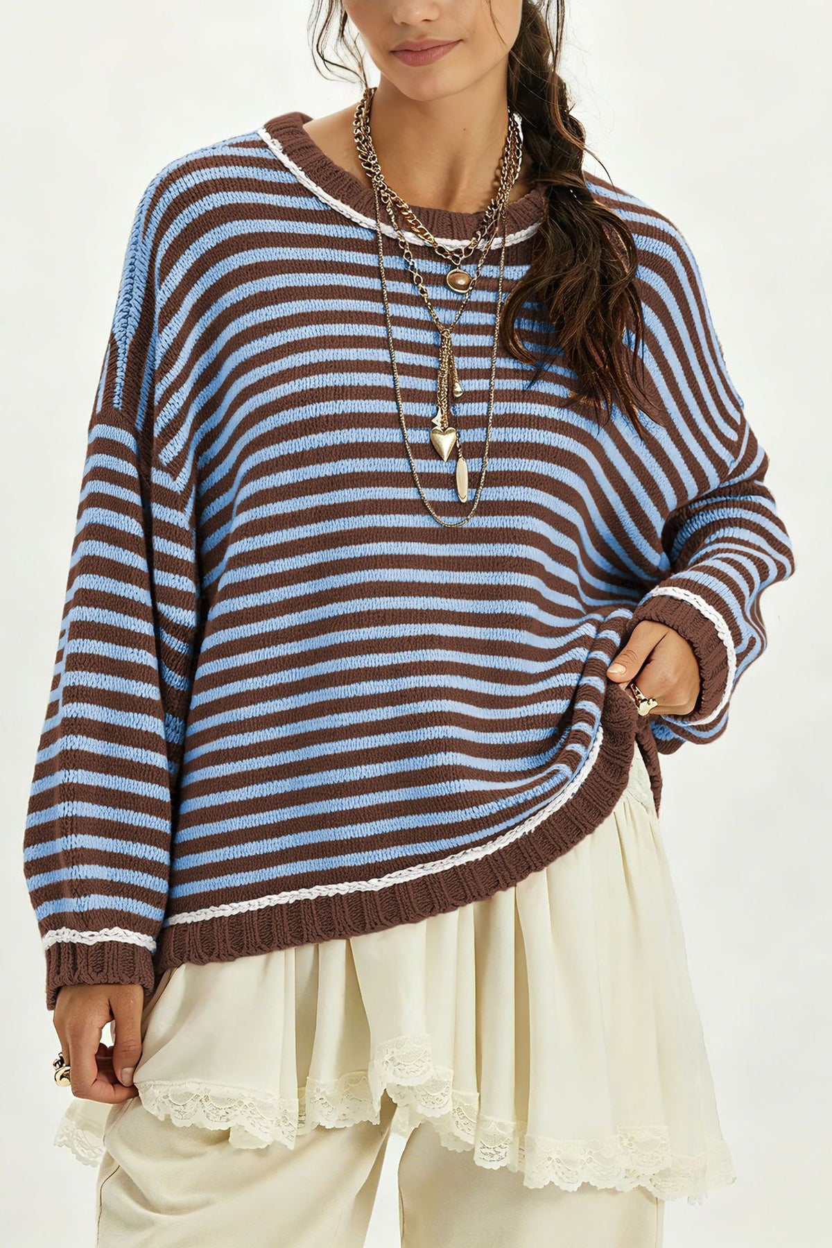 Oversized Color Block Striped Sweater Balloon Sleeve