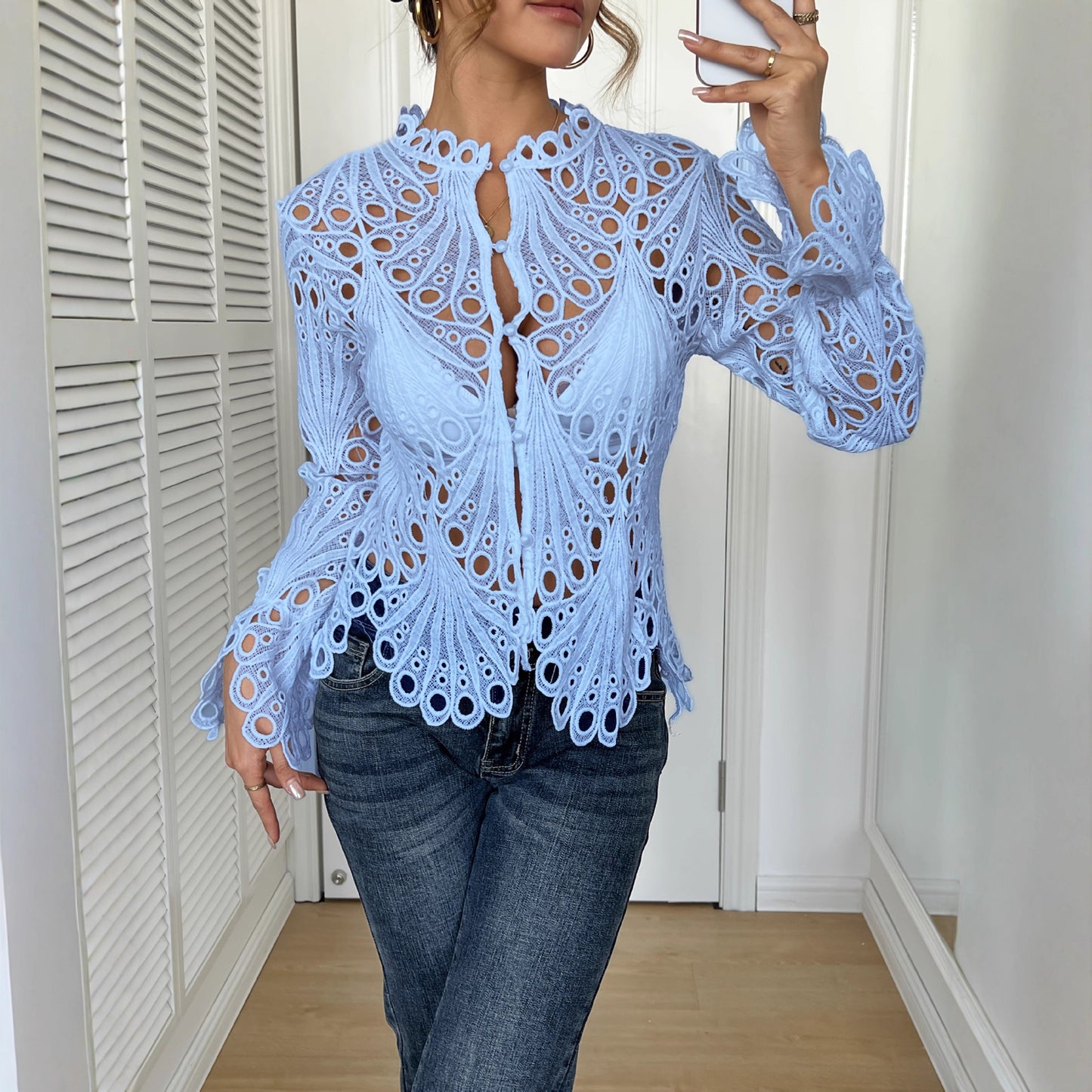 Crochet Lace Blouse with Sheer Bell Sleeves and Buttons