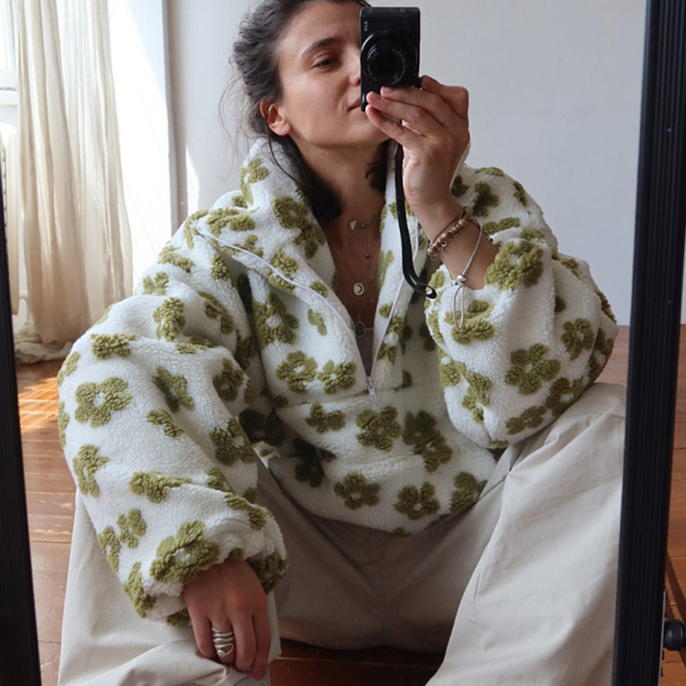 Floral Sherpa Pullover Half Zip Sweatshirt