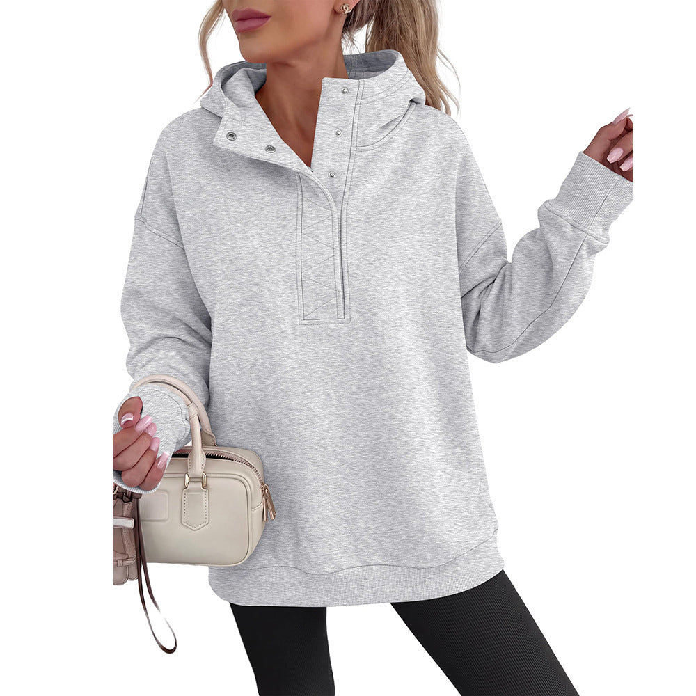 Solid Cotton Blend Hoodie Casual Oversized Snap Neck