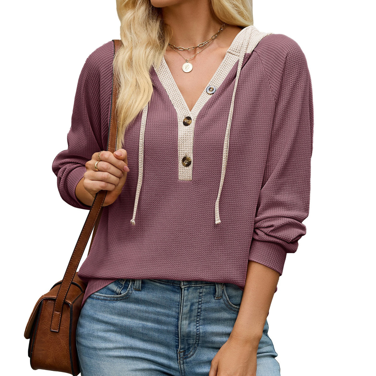 Womens Waffle Knit Henley Hoodie Color Block Long Sleeve