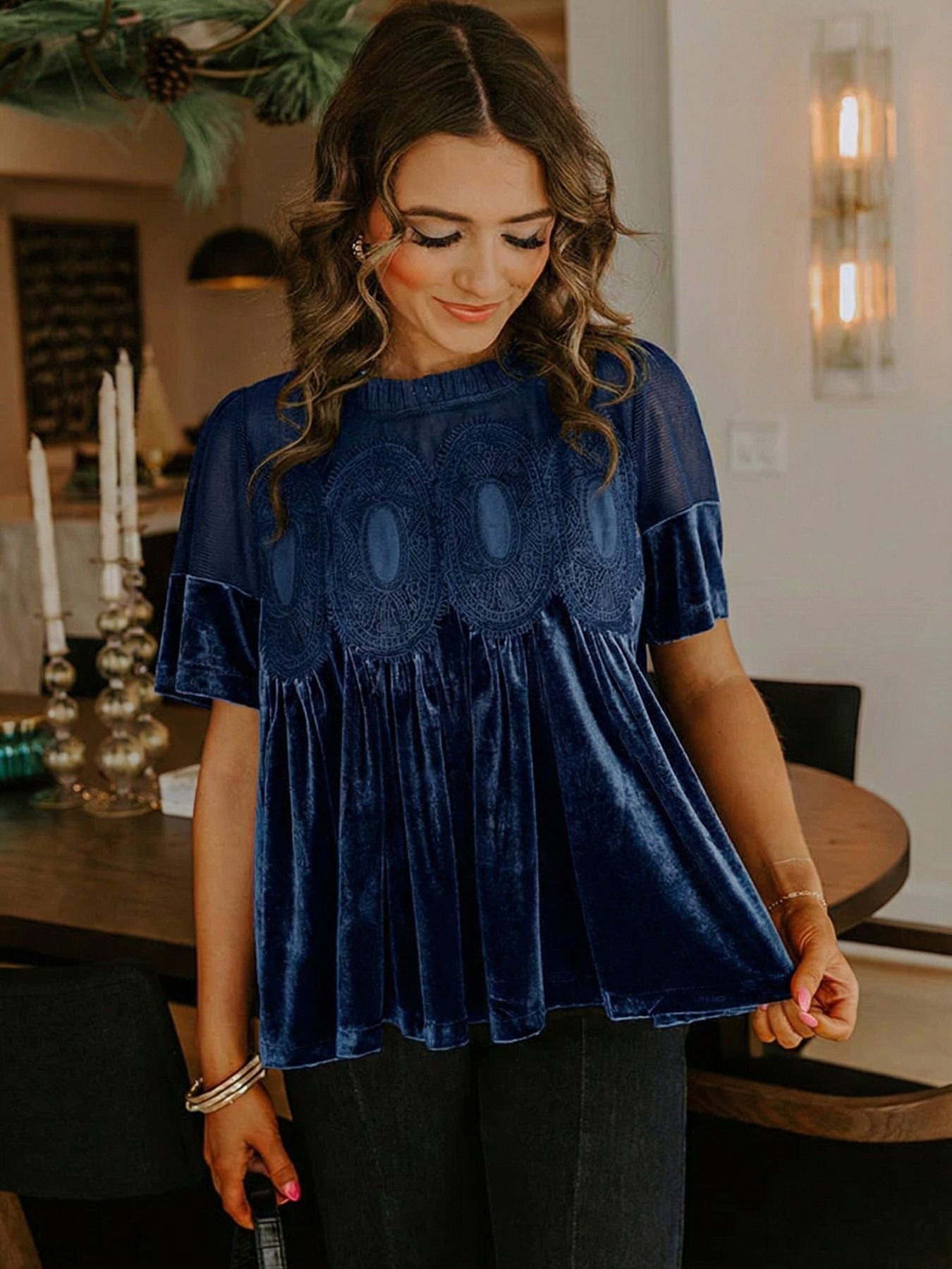 Women’s Velvet Lace Embroidered Puff Sleeve Top