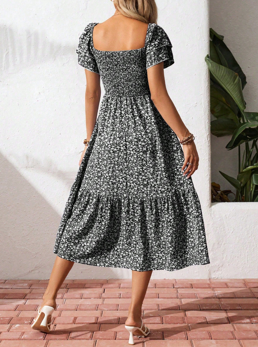 Floral Square Neck Smocked Short Sleeve Maxi Summer Dress
