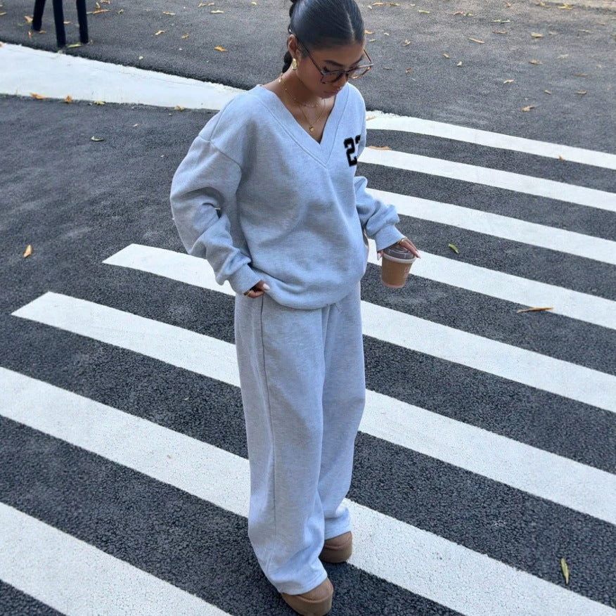 V Neck Graphic Sweatshirt Wide Leg Pants Set