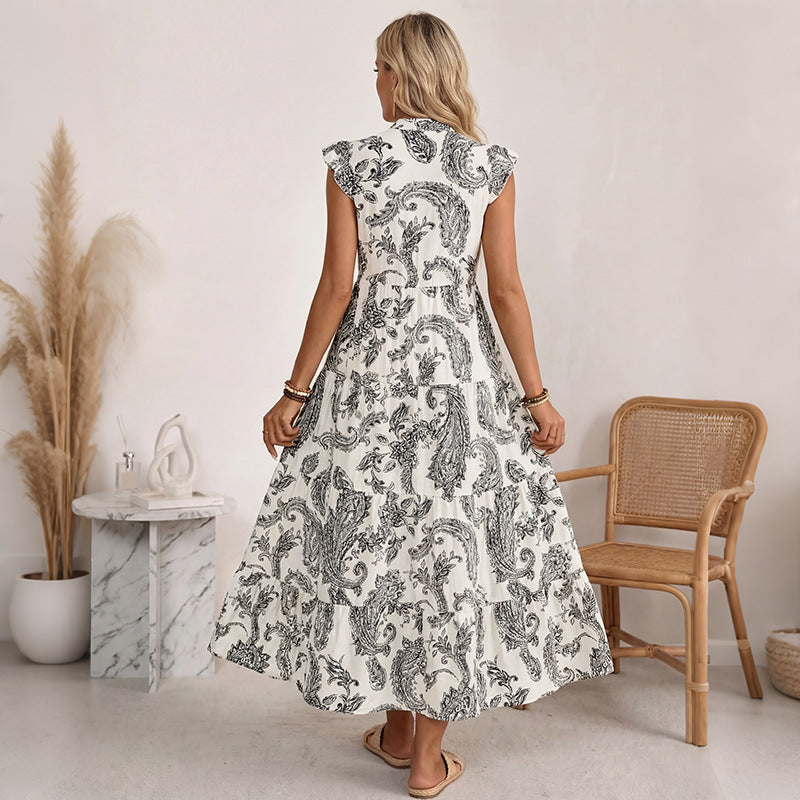 Paisley Print Maxi Dress V Neck Flutter Sleeve Boho