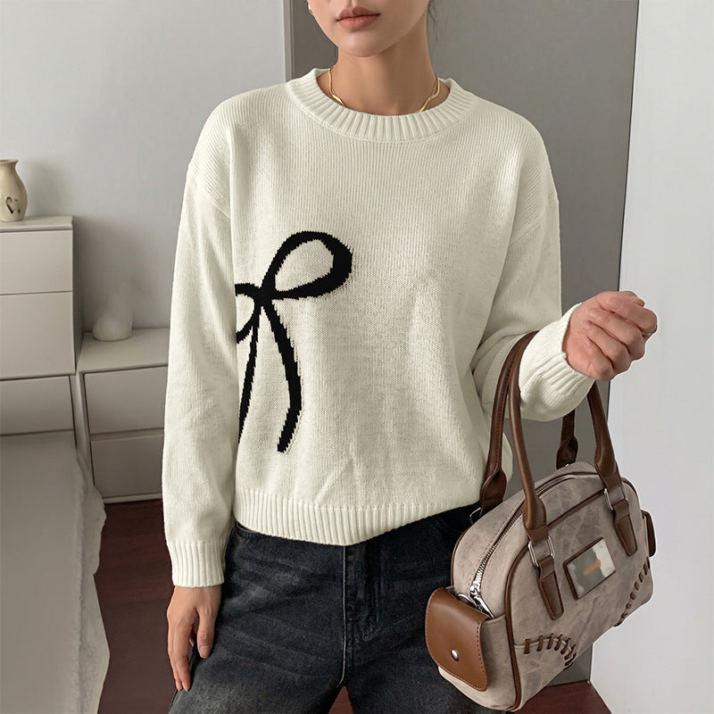 Bow Knit Sweater Oversized Crewneck Drop Shoulder