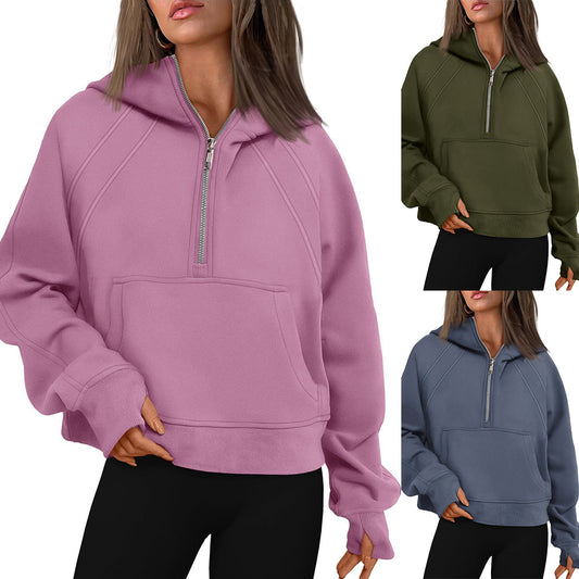 Half Zip Fleece Hoodie Pullover Casual Cropped Sweatshirt