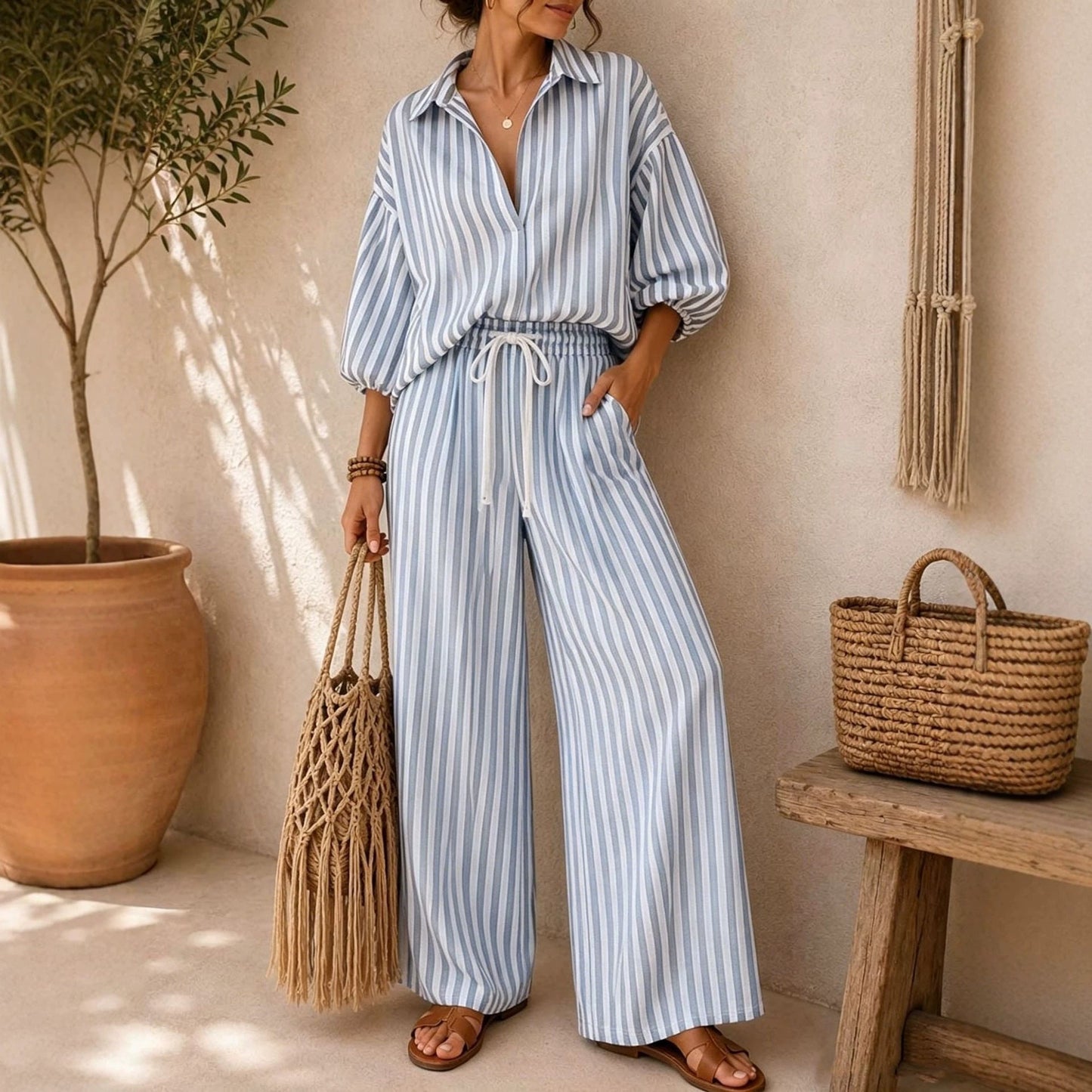 Striped Button Down Shirt & Wide Leg Pants Set