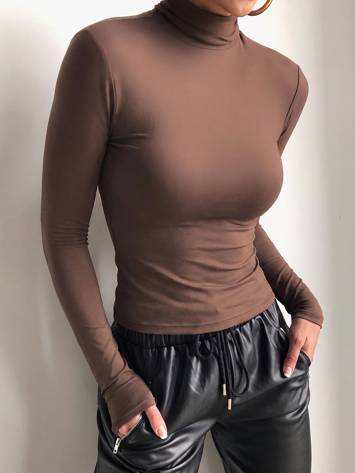 Brown Mock Neck Long Sleeve Fitted Crop Top