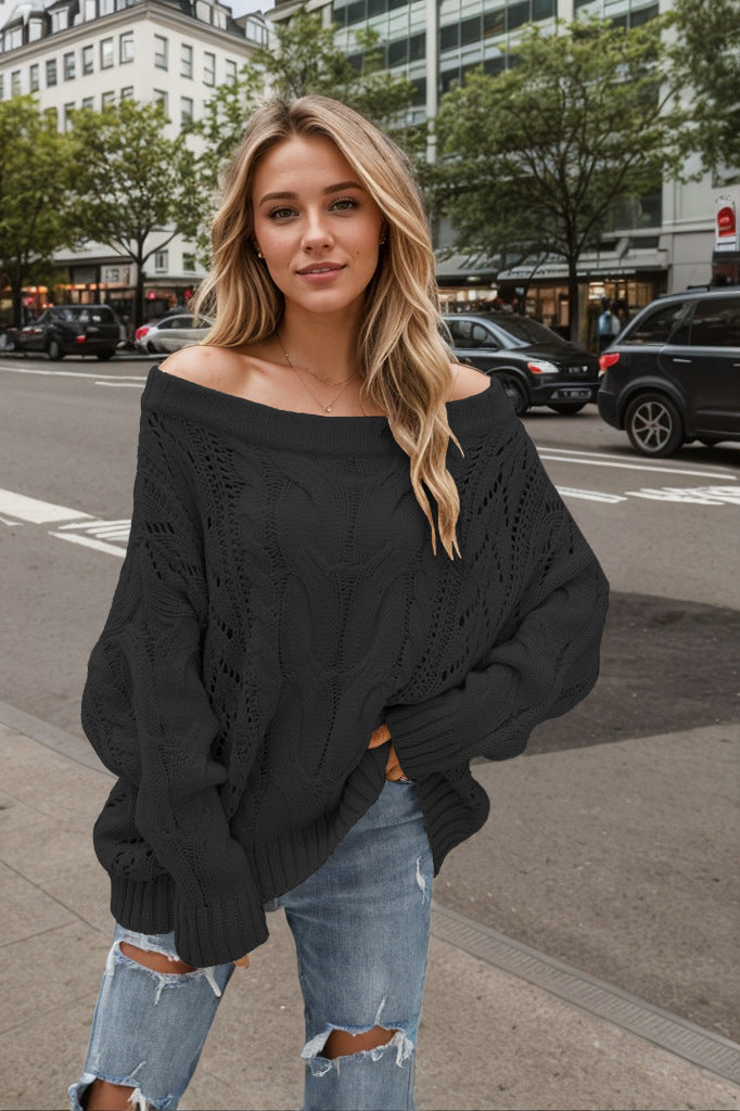 Off Shoulder Chunky Cable Knit Oversized Sweater Women