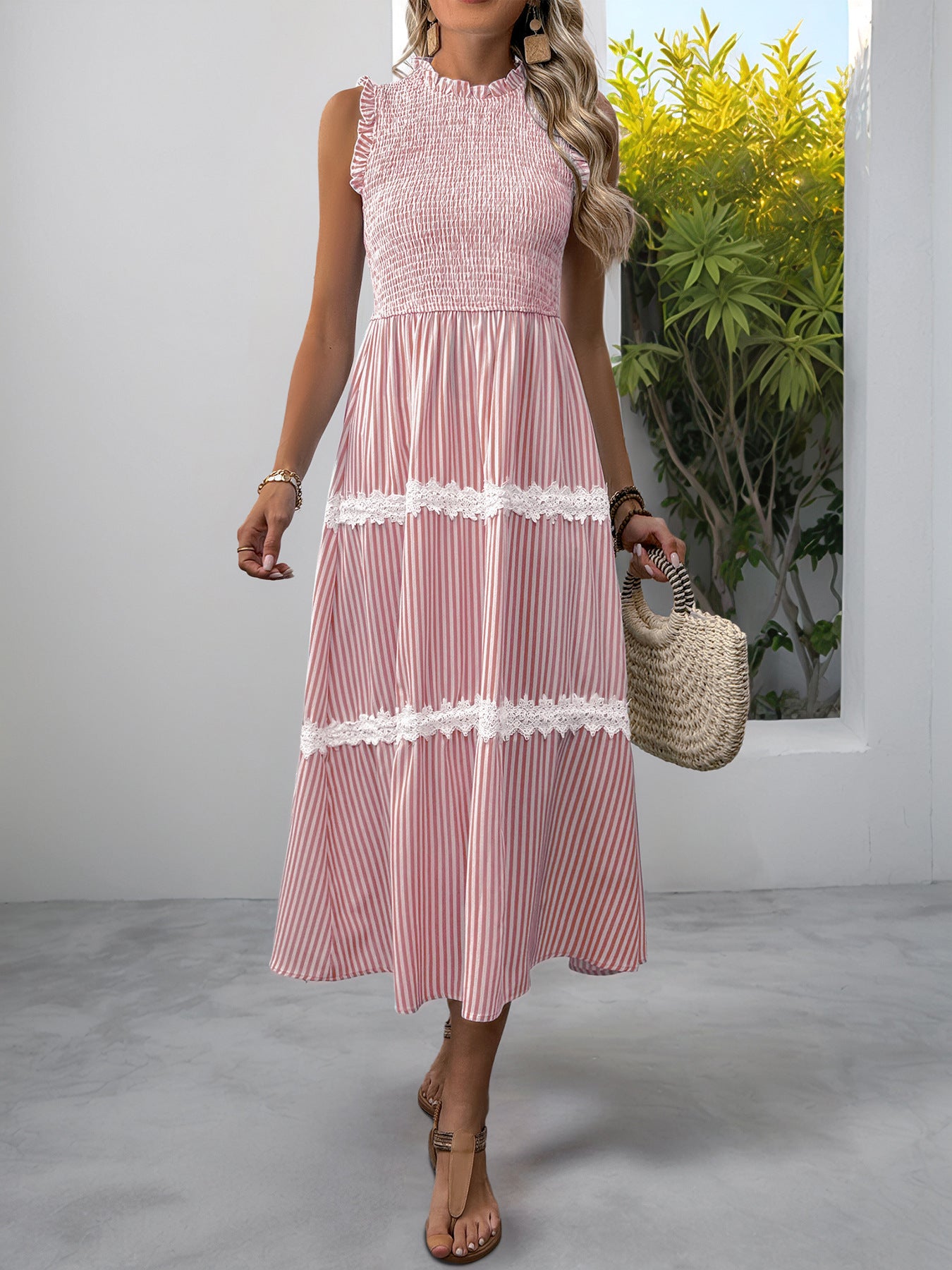 Striped Lace Trim Sleeveless Midi Dress for Summer