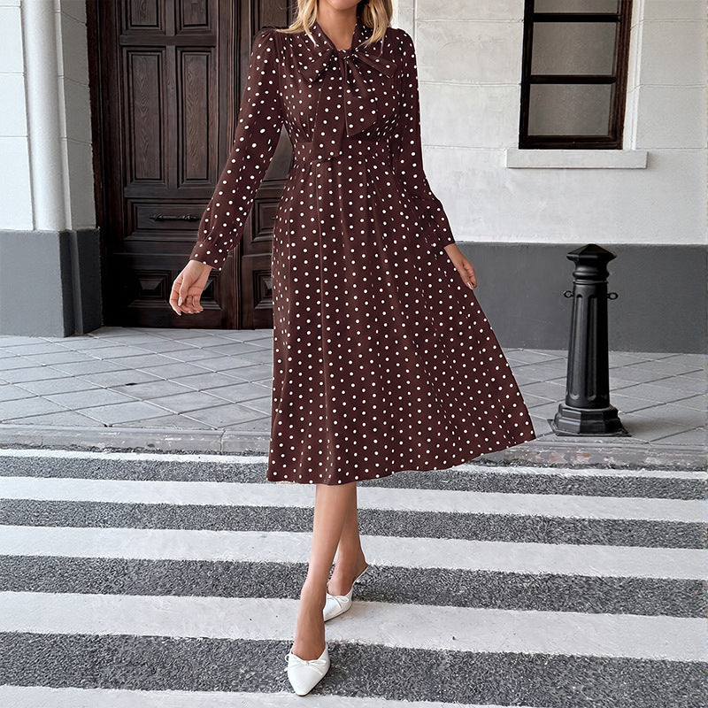 Polka Dot Bow Tie Neck Dress Long Sleeve Vintage Midi