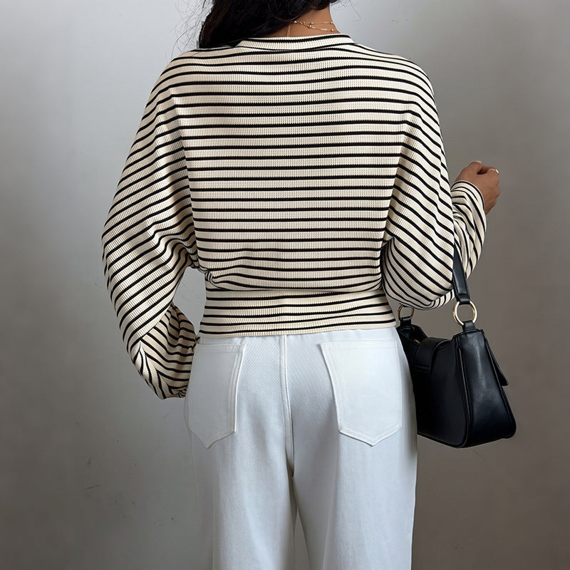 Striped Waffle Knit Dolman Sleeve Fitted Waist Top