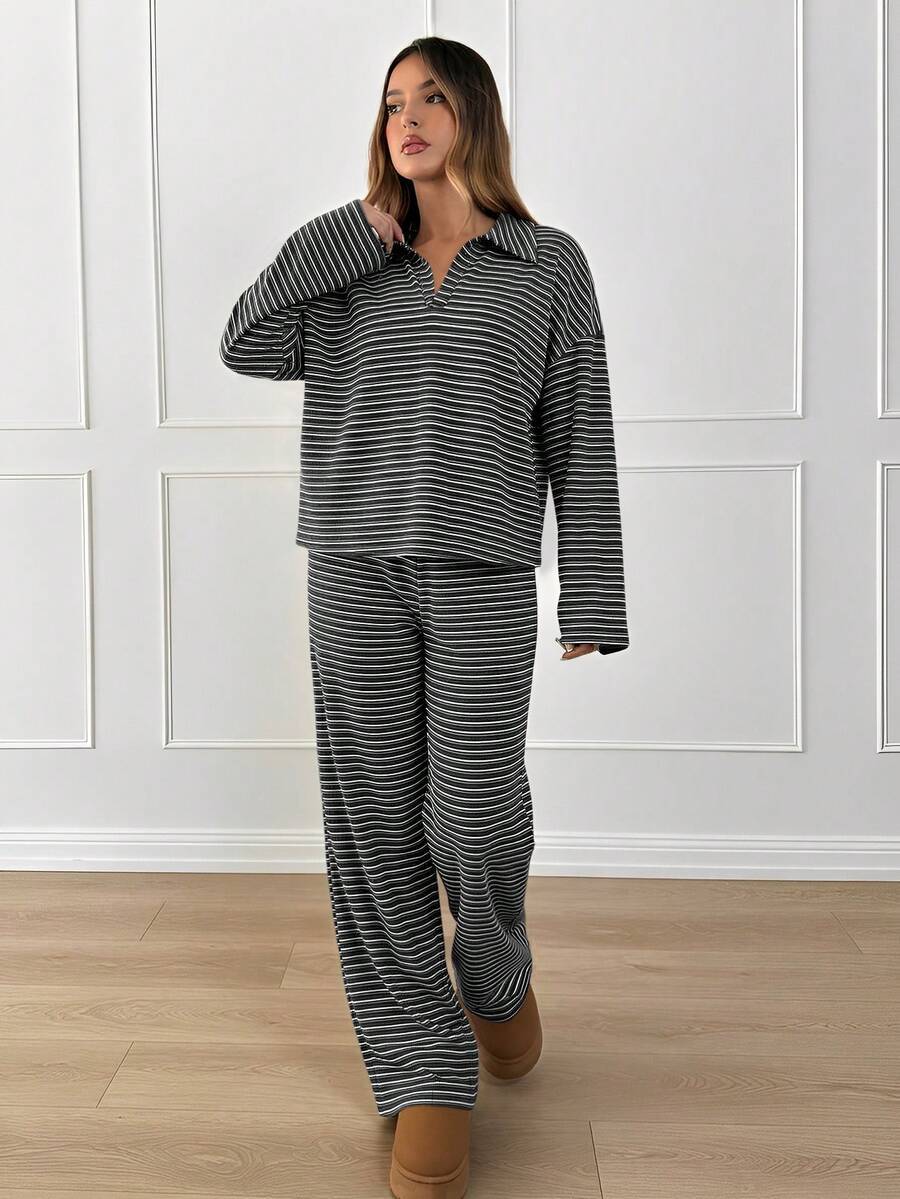 Striped Lounge Set Casual Collared Pullover Wide Leg Pants