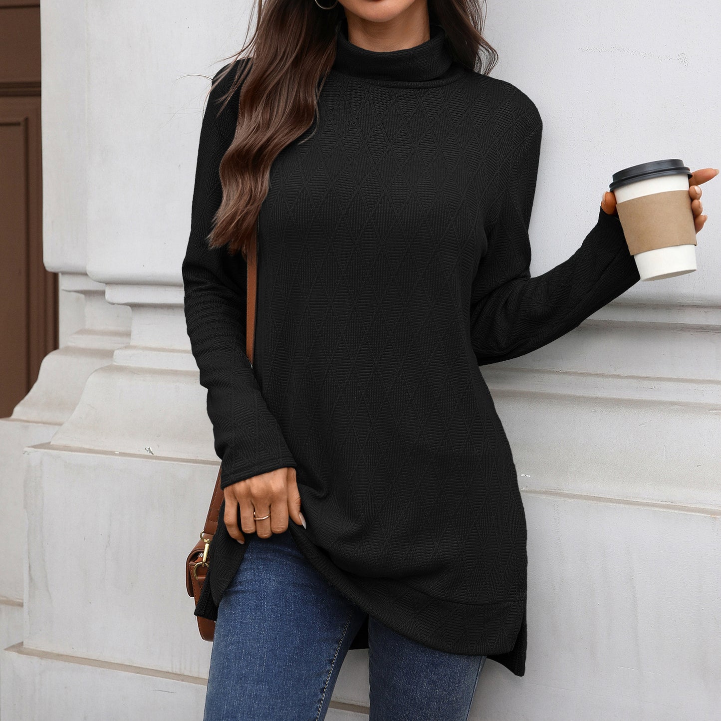 Oversized Turtleneck Long Sleeve Side Slit Tunic Top