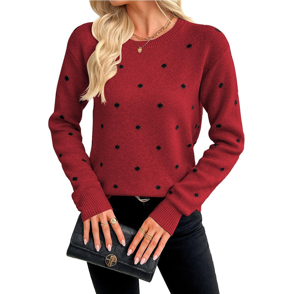 Polka Dot Knit Sweater Crew Neck Long Sleeve Top