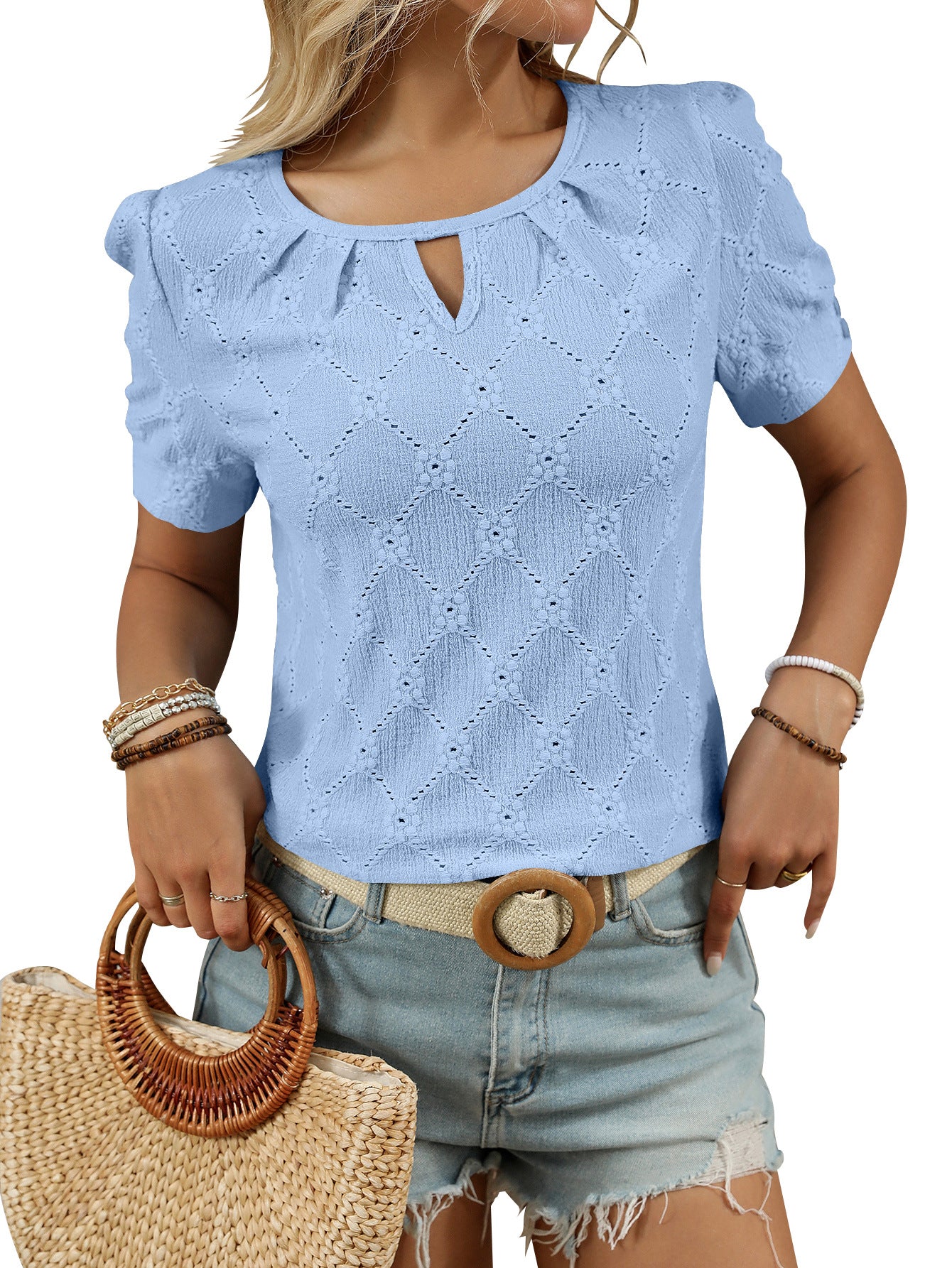 Women’s Eyelet Knit T Shirt Short Sleeve Summer Top