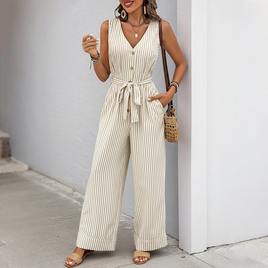 Striped Sleeveless V Neck Wide Leg Jumpsuit Belted