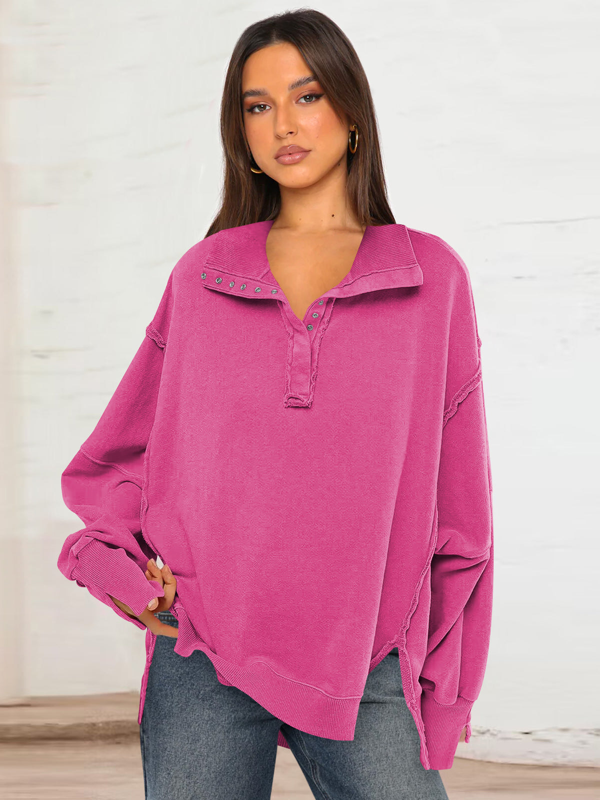 Oversized Collared Balloon Sleeve Split Hem Sweatshirt