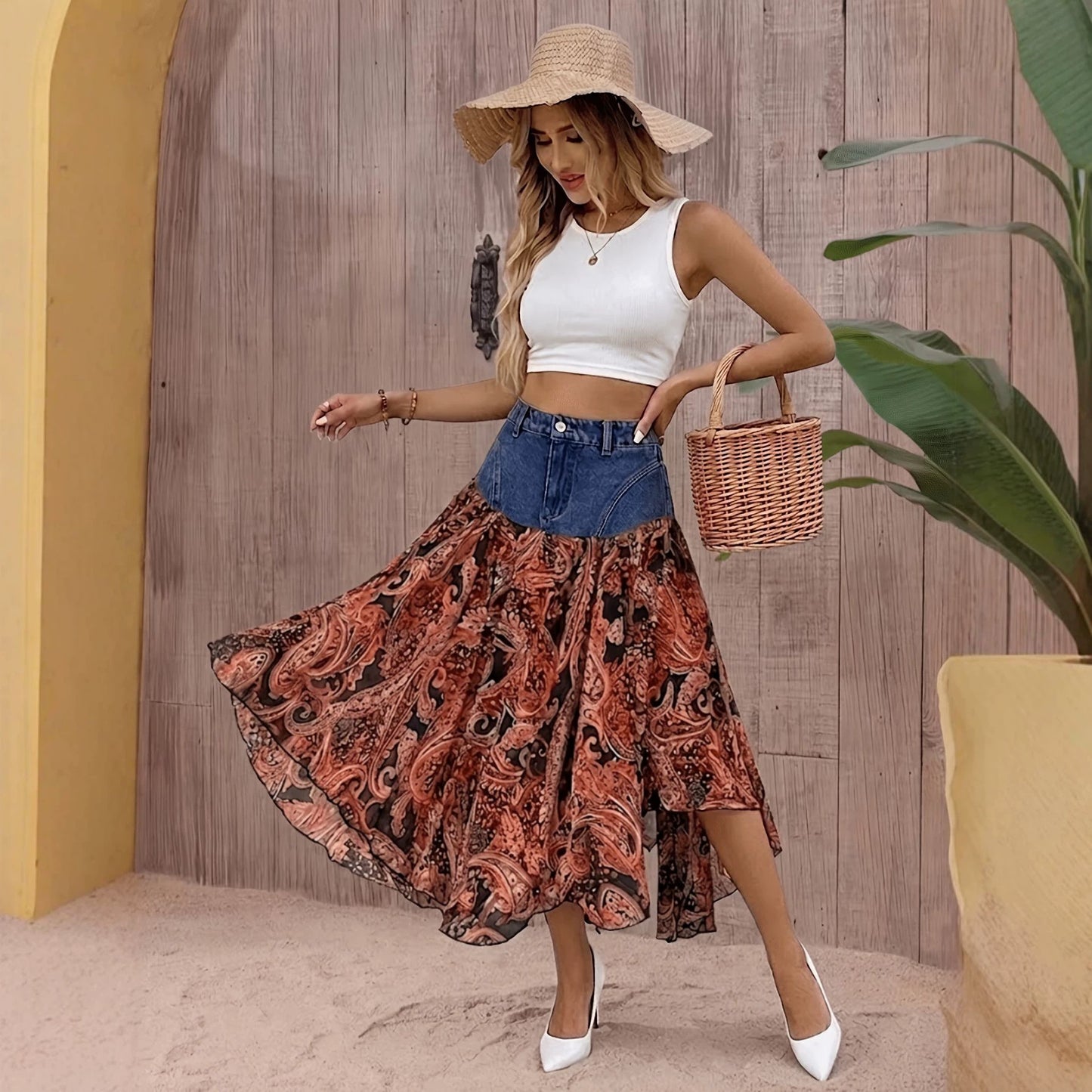 Paisley Chiffon Maxi Skirt Denim Yoke Asymmetrical Hem